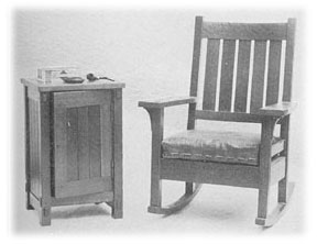 Smokers' cabinet and chair in dark oak ; chair cushion in United Crafis soft leather with laced edges